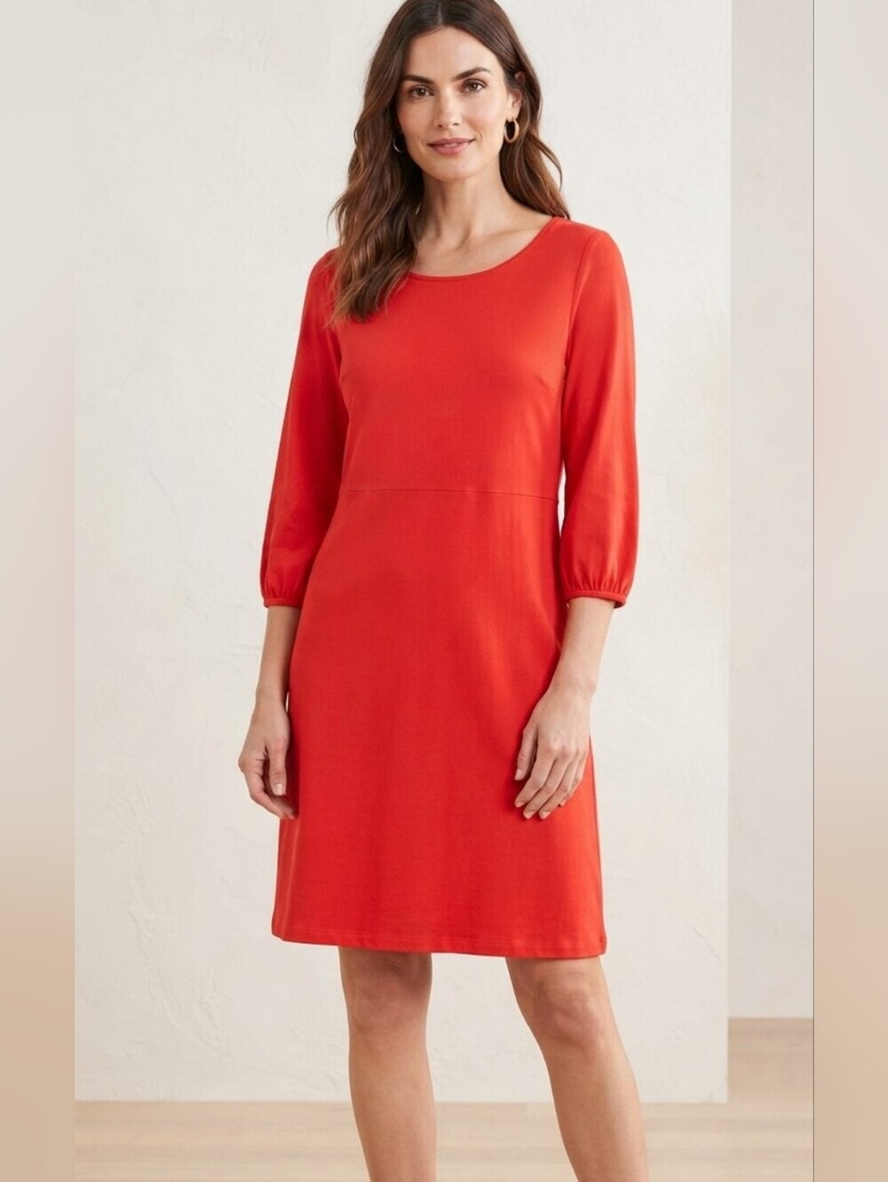 Boden Red Scoop-Neck Midi Dress with Three-Quarter Sleeves
